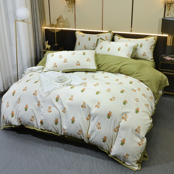 91家纺网 家纺一手货源 找家纺 梦柏 双层纱棉麻四件套 小熊乐园