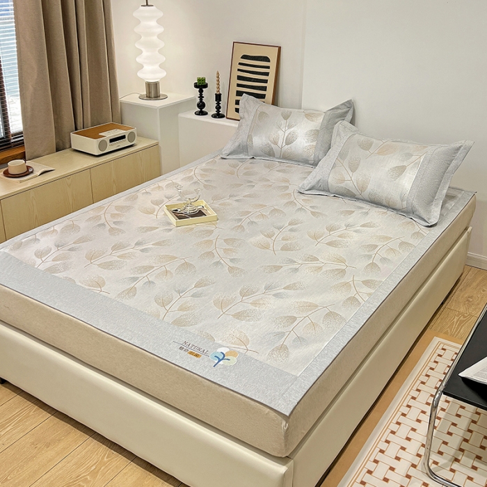 91家纺网 家纺一手货源 找家纺 2023澳梵植物抗菌冰丝凉席三件套软席 树影-咖啡