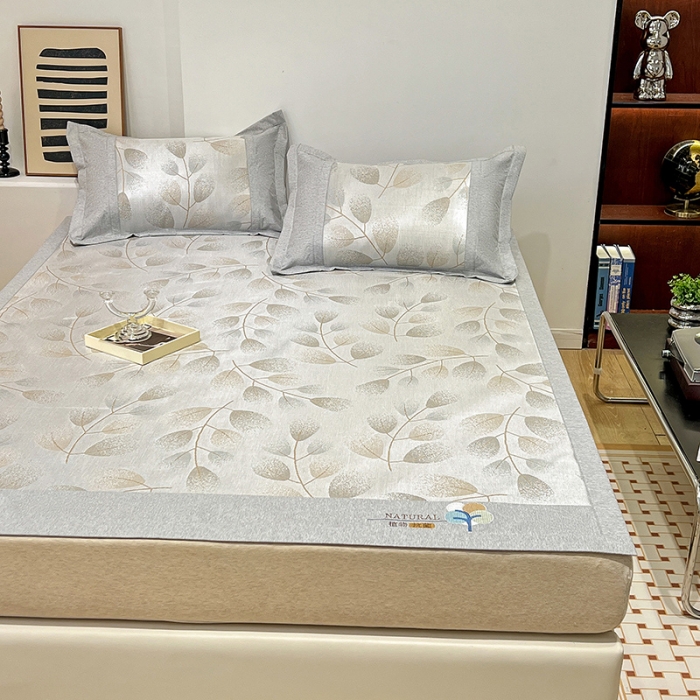 91家纺网 家纺一手货源 找家纺 2023澳梵植物抗菌冰丝凉席三件套软席 树影-咖啡