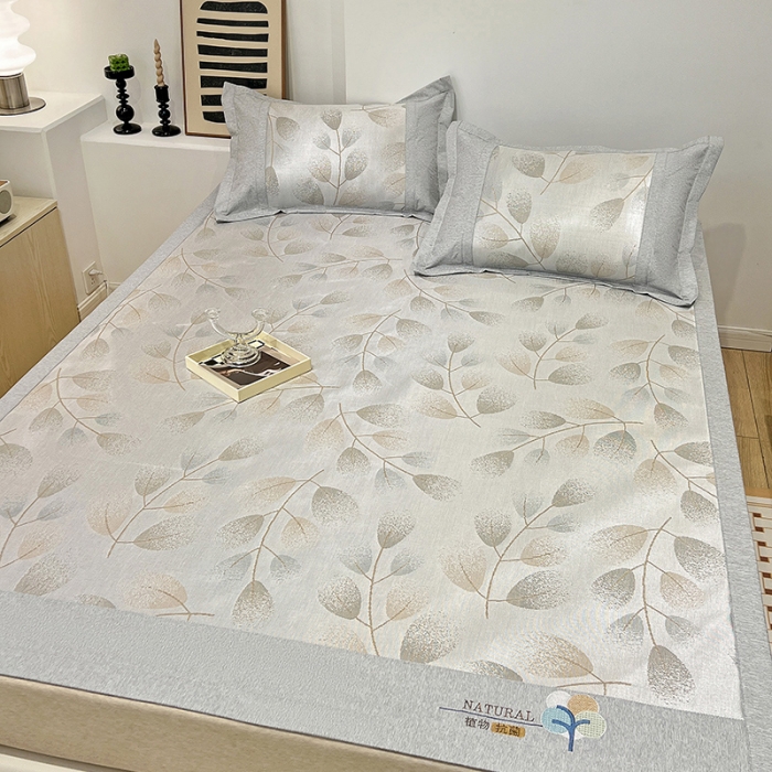 91家纺网 家纺一手货源 找家纺 2023澳梵植物抗菌冰丝凉席三件套软席 树影-咖啡