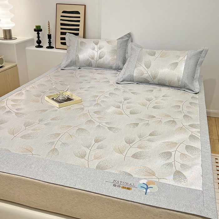 91家纺网 家纺一手货源 找家纺 2023澳梵植物抗菌冰丝凉席三件套软席 树影-咖啡