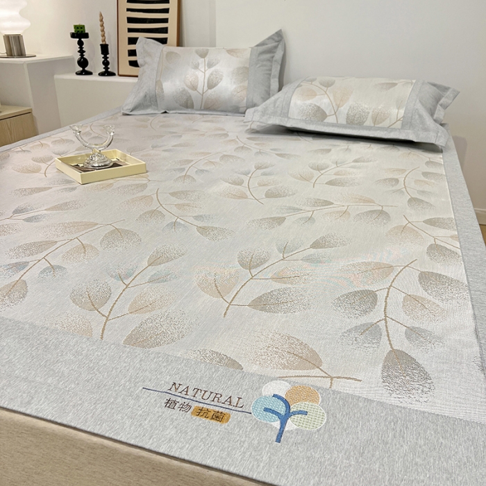 91家纺网 家纺一手货源 找家纺 2023澳梵植物抗菌冰丝凉席三件套软席 树影-咖啡