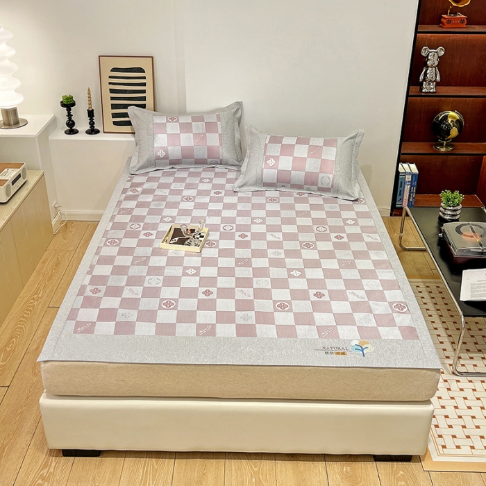 91家纺网 家纺一手货源 找家纺 2023澳梵植物抗菌冰丝凉席三件套软席 方格-粉