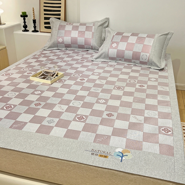 91家纺网 家纺一手货源 找家纺 2023澳梵植物抗菌冰丝凉席三件套软席 方格-粉