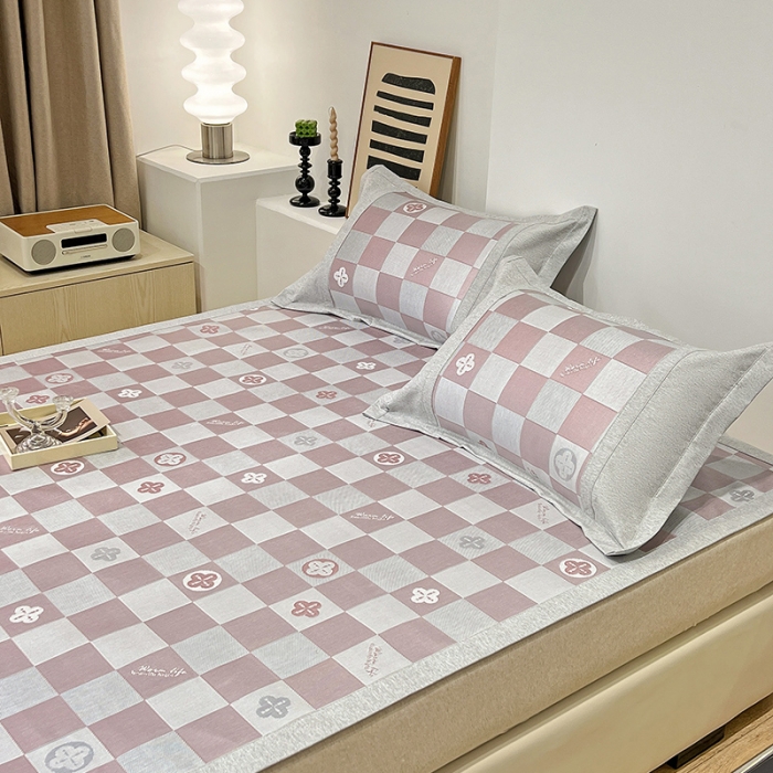 91家纺网 家纺一手货源 找家纺 2023澳梵植物抗菌冰丝凉席三件套软席 方格-粉