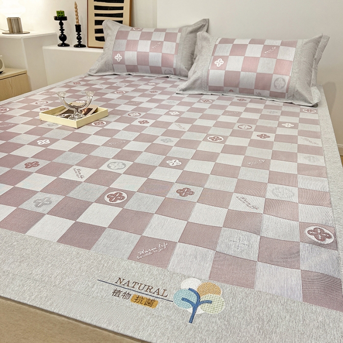 91家纺网 家纺一手货源 找家纺 2023澳梵植物抗菌冰丝凉席三件套软席 方格-粉