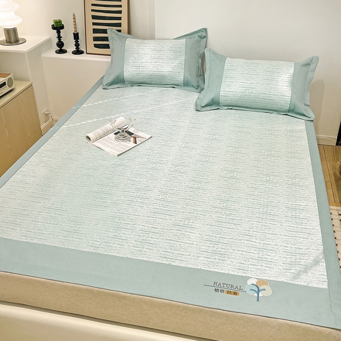 91家纺网 家纺一手货源 找家纺 2023澳梵植物抗菌冰丝凉席三件套软席 简约-水绿