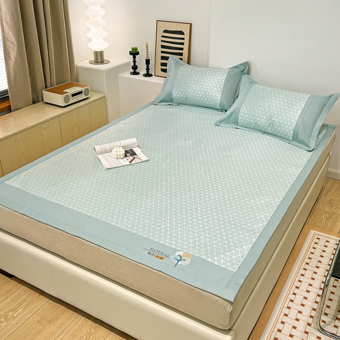 91家纺网 家纺一手货源 找家纺 2023澳梵植物抗菌冰丝凉席三件套软席 米格-绿