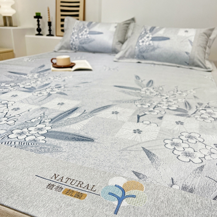 91家纺网 家纺一手货源 找家纺 2023澳梵植物抗菌冰丝凉席三件套软席 夏栀