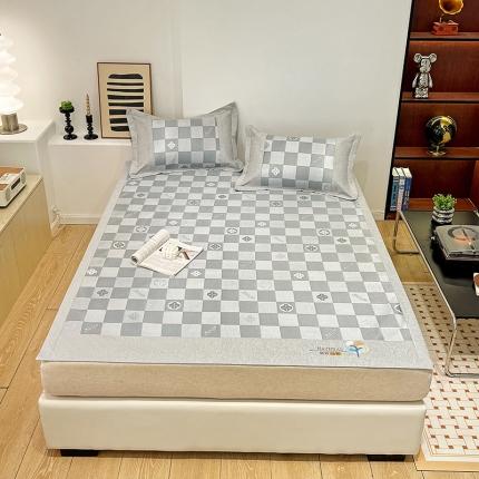 2023澳梵植物抗菌冰丝凉席三件套软席 方格-灰色