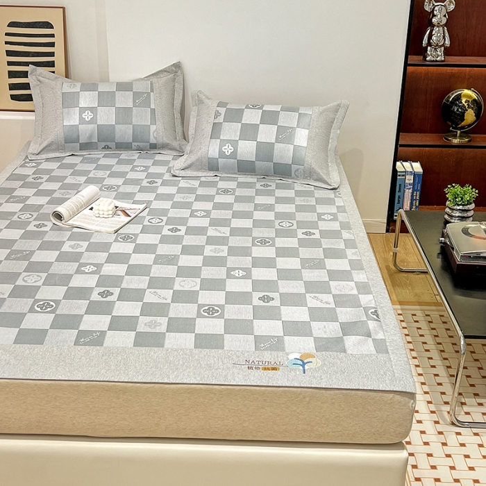 91家纺网 家纺一手货源 找家纺 2023澳梵植物抗菌冰丝凉席三件套软席 方格-灰色