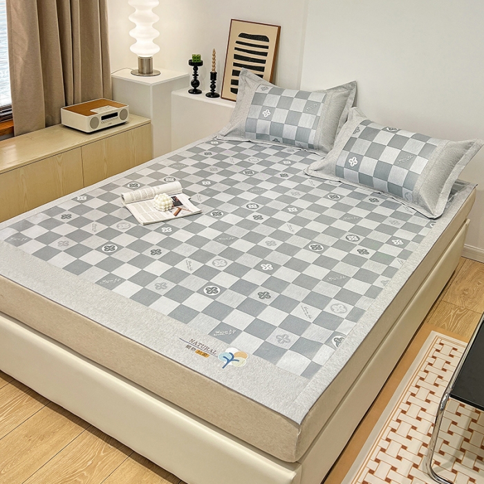 91家纺网 家纺一手货源 找家纺 2023澳梵植物抗菌冰丝凉席三件套软席 方格-灰色