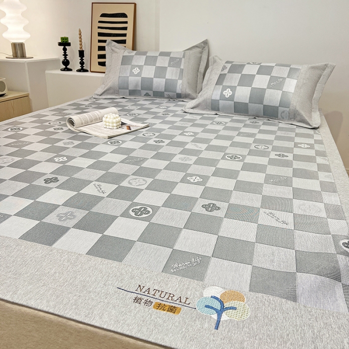 91家纺网 家纺一手货源 找家纺 2023澳梵植物抗菌冰丝凉席三件套软席 方格-灰色