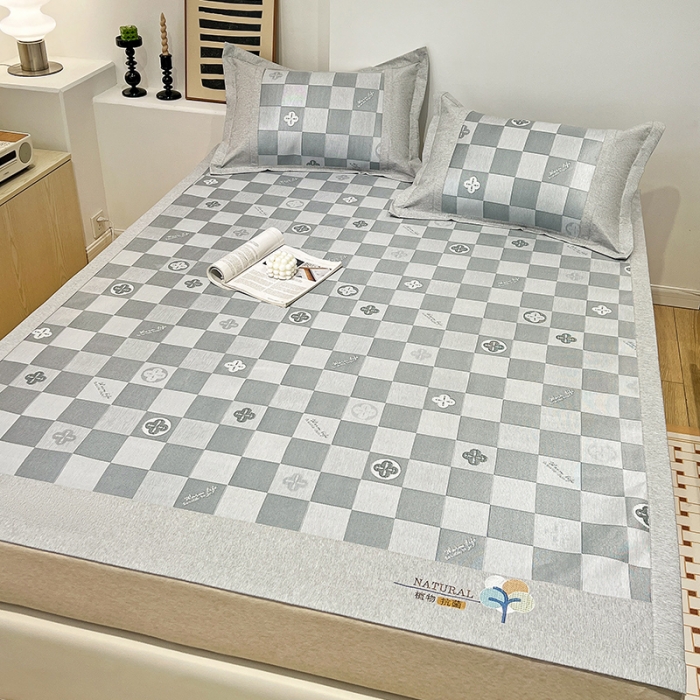 91家纺网 家纺一手货源 找家纺 2023澳梵植物抗菌冰丝凉席三件套软席 方格-灰色