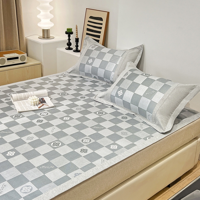 91家纺网 家纺一手货源 找家纺 2023澳梵植物抗菌冰丝凉席三件套软席 方格-灰色