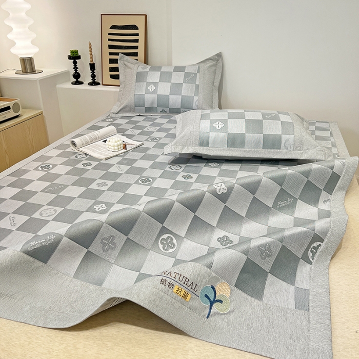 91家纺网 家纺一手货源 找家纺 2023澳梵植物抗菌冰丝凉席三件套软席 方格-灰色