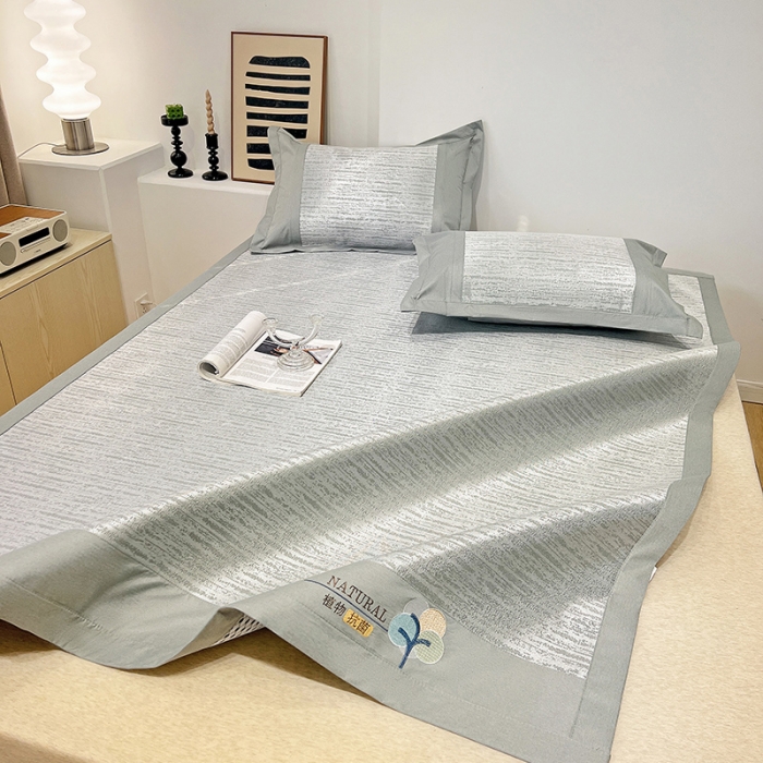 91家纺网 家纺一手货源 找家纺 2023澳梵植物抗菌冰丝凉席三件套软席 简约-银色