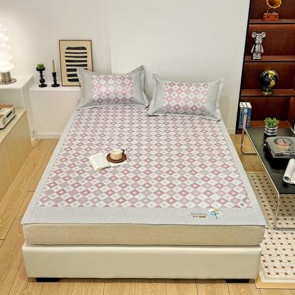 2023澳梵植物抗菌冰丝凉席三件套软席 棋盘-红棕