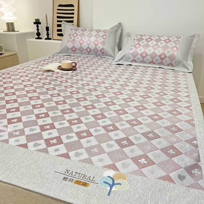 91家纺网 家纺一手货源 找家纺 2023澳梵植物抗菌冰丝凉席三件套软席 棋盘-红棕