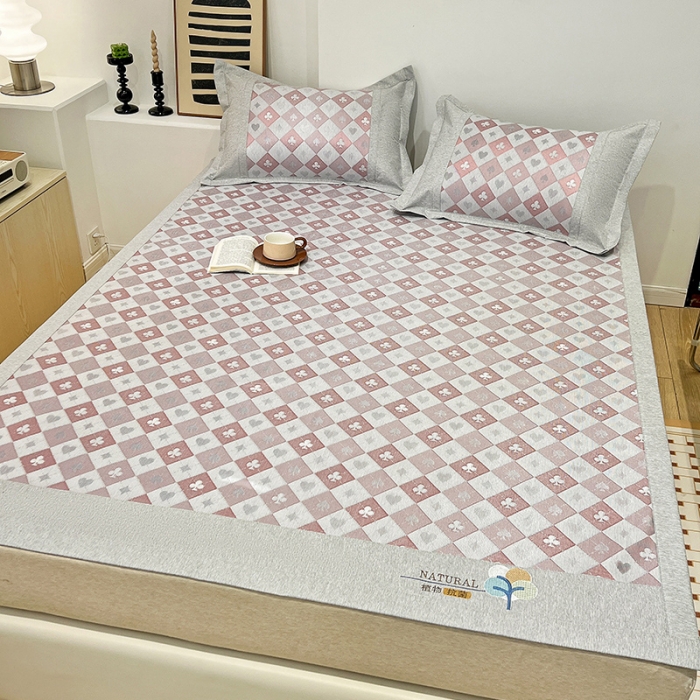 91家纺网 家纺一手货源 找家纺 2023澳梵植物抗菌冰丝凉席三件套软席 棋盘-红棕