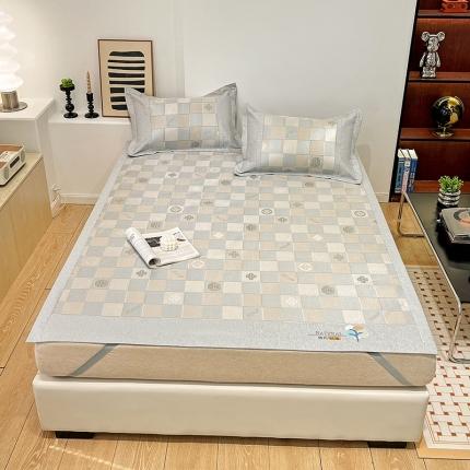 2023澳梵植物抗菌冰丝凉席三件套软席 方格-咖啡