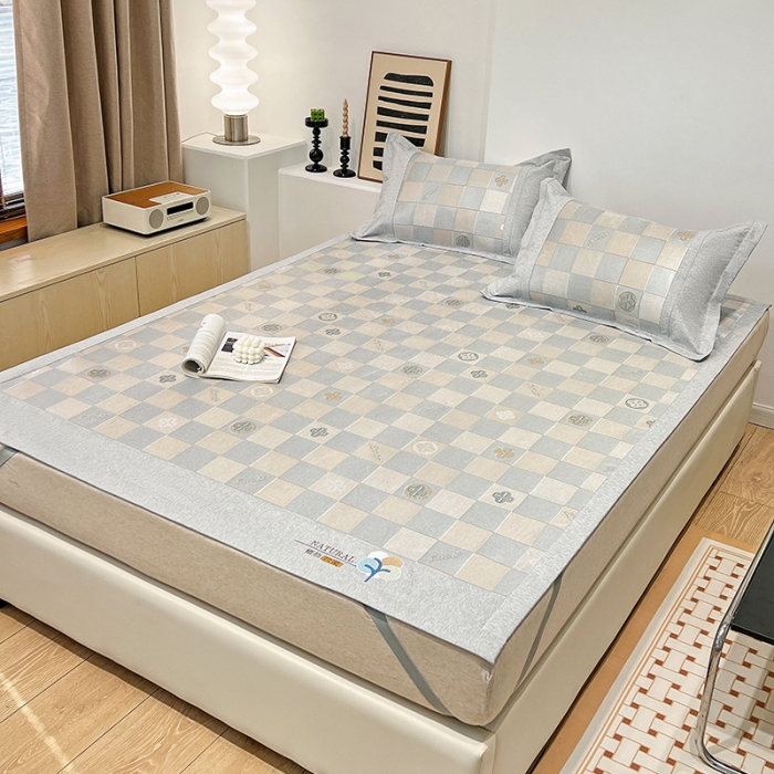 91家纺网 家纺一手货源 找家纺 2023澳梵植物抗菌冰丝凉席三件套软席 方格-咖啡