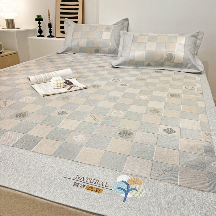 91家纺网 家纺一手货源 找家纺 2023澳梵植物抗菌冰丝凉席三件套软席 方格-咖啡