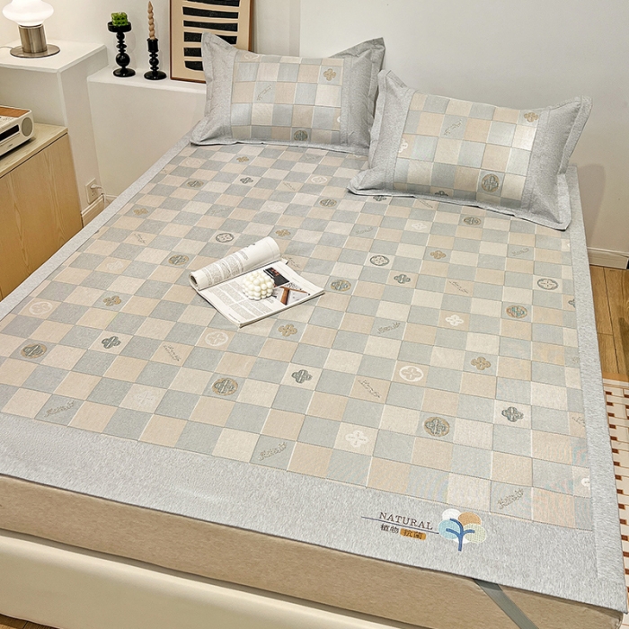 91家纺网 家纺一手货源 找家纺 2023澳梵植物抗菌冰丝凉席三件套软席 方格-咖啡