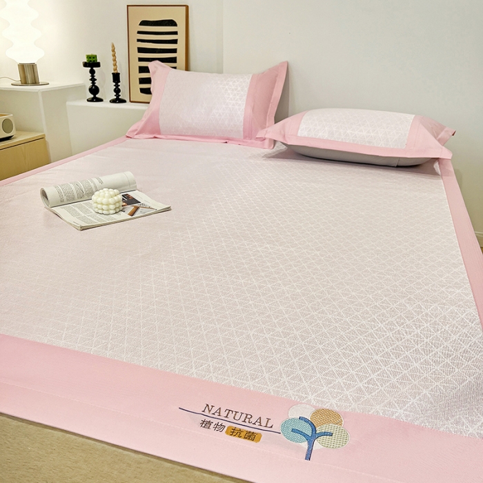 91家纺网 家纺一手货源 找家纺 2023澳梵植物抗菌冰丝凉席三件套软席 米格-粉