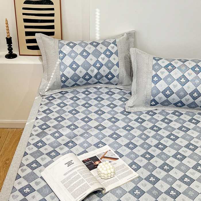 91家纺网 家纺一手货源 找家纺 2023澳梵植物抗菌冰丝凉席三件套软席 棋盘-蓝