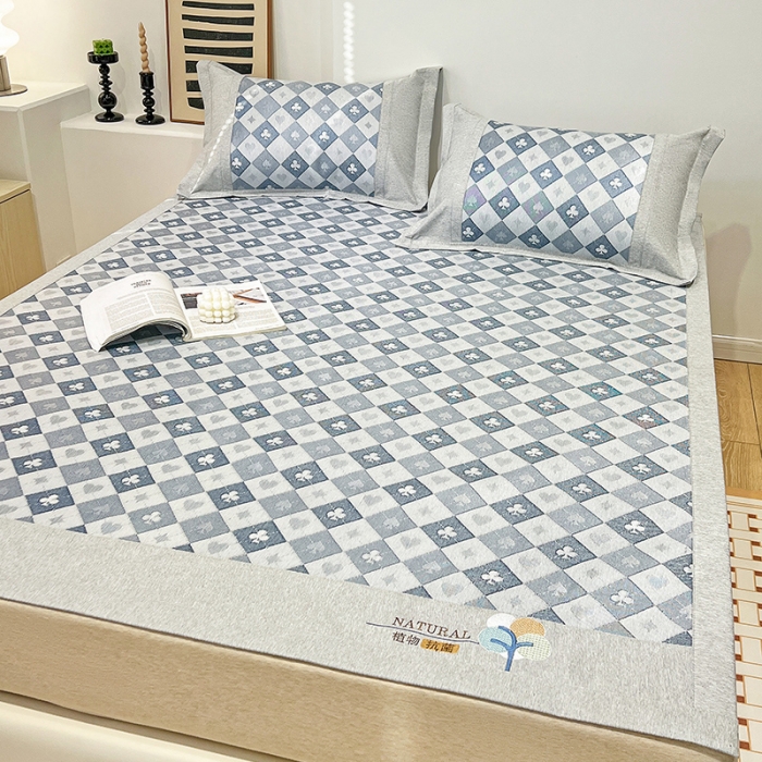 91家纺网 家纺一手货源 找家纺 2023澳梵植物抗菌冰丝凉席三件套软席 棋盘-蓝