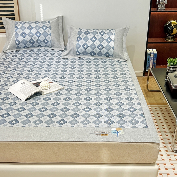 91家纺网 家纺一手货源 找家纺 2023澳梵植物抗菌冰丝凉席三件套软席 棋盘-蓝