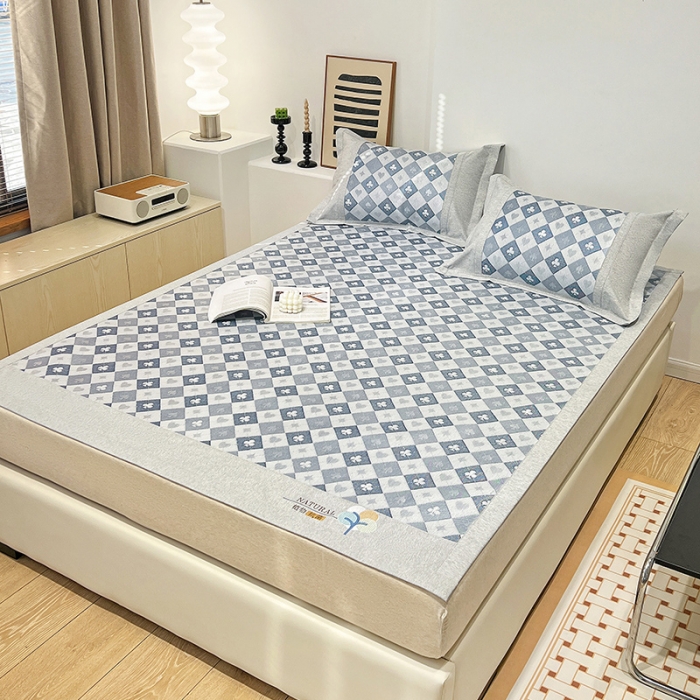 91家纺网 家纺一手货源 找家纺 2023澳梵植物抗菌冰丝凉席三件套软席 棋盘-蓝