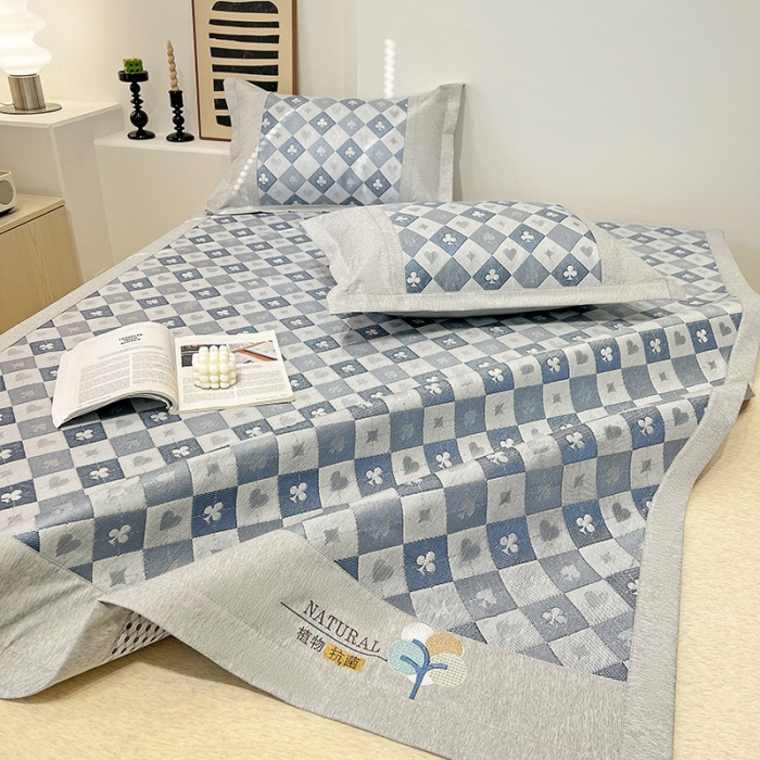 91家纺网 家纺一手货源 找家纺 2023澳梵植物抗菌冰丝凉席三件套软席 棋盘-蓝