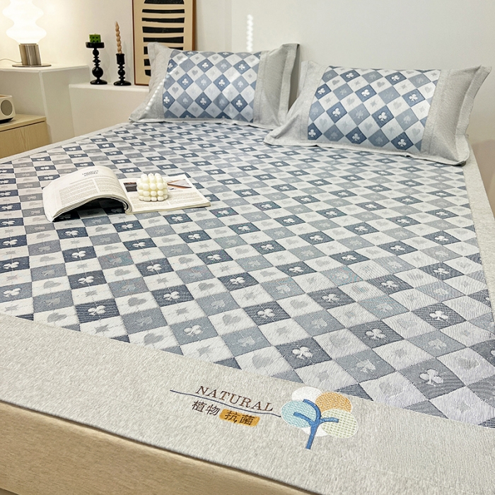 91家纺网 家纺一手货源 找家纺 2023澳梵植物抗菌冰丝凉席三件套软席 棋盘-蓝