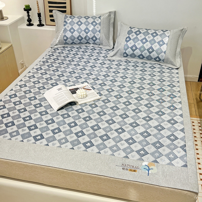 91家纺网 家纺一手货源 找家纺 2023澳梵植物抗菌冰丝凉席三件套软席 棋盘-蓝