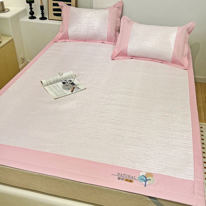 91家纺网 家纺一手货源 找家纺 2023澳梵植物抗菌冰丝凉席三件套软席 简约-粉色