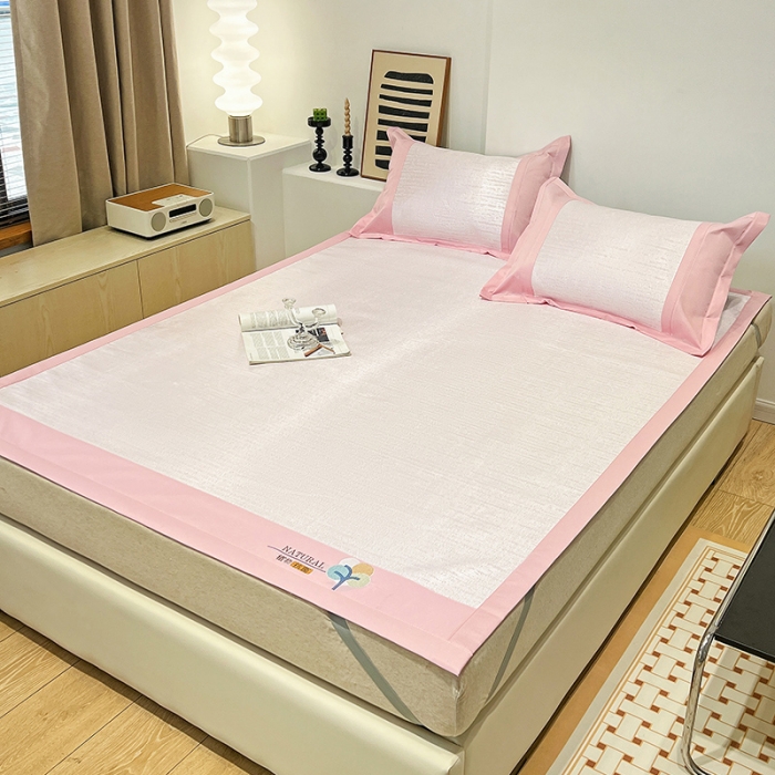 91家纺网 家纺一手货源 找家纺 2023澳梵植物抗菌冰丝凉席三件套软席 简约-粉色