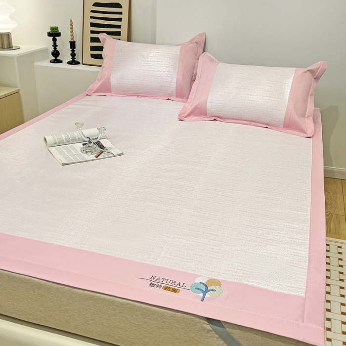 91家纺网 家纺一手货源 找家纺 2023澳梵植物抗菌冰丝凉席三件套软席 简约-粉色