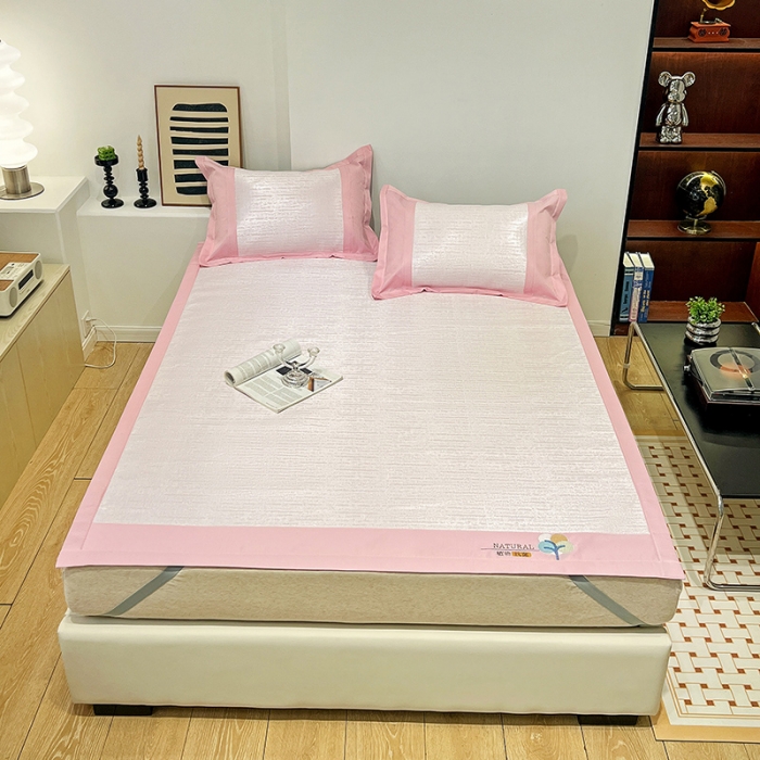 91家纺网 家纺一手货源 找家纺 2023澳梵植物抗菌冰丝凉席三件套软席 简约-粉色