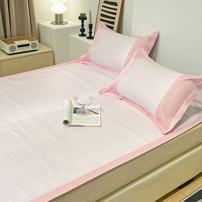 91家纺网 家纺一手货源 找家纺 2023澳梵植物抗菌冰丝凉席三件套软席 简约-粉色