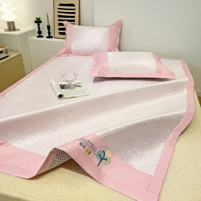 91家纺网 家纺一手货源 找家纺 2023澳梵植物抗菌冰丝凉席三件套软席 简约-粉色