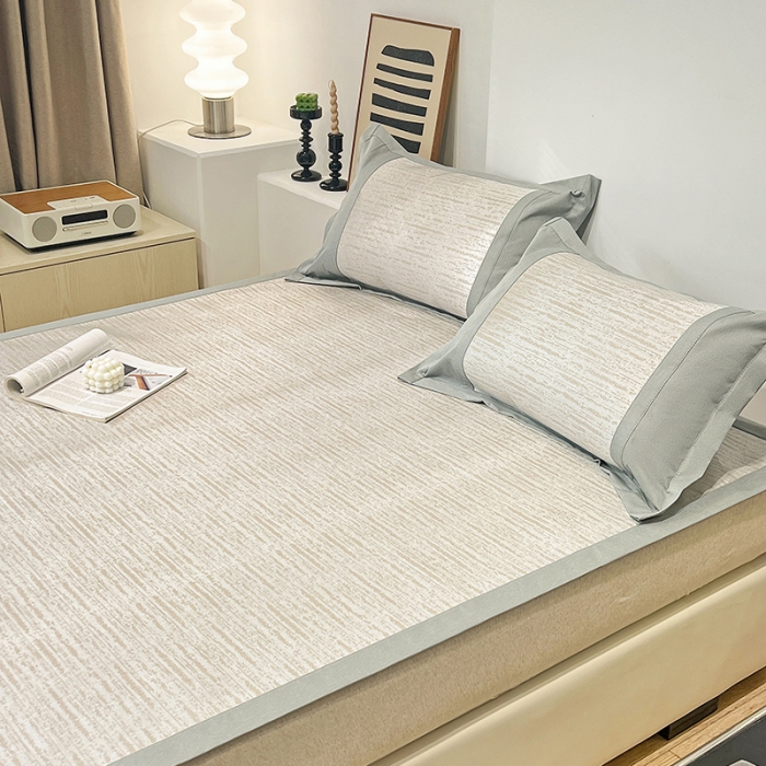 91家纺网 家纺一手货源 找家纺 2023澳梵植物抗菌冰丝凉席三件套软席 简约-金咖