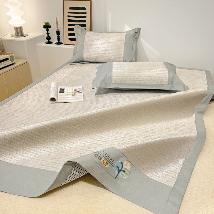 91家纺网 家纺一手货源 找家纺 2023澳梵植物抗菌冰丝凉席三件套软席 简约-金咖