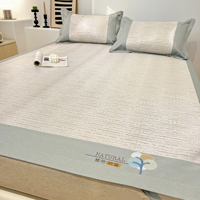 91家纺网 家纺一手货源 找家纺 2023澳梵植物抗菌冰丝凉席三件套软席 简约-金咖