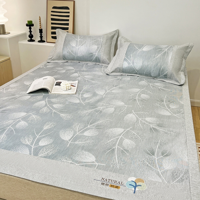 91家纺网 家纺一手货源 找家纺 2023澳梵植物抗菌冰丝凉席三件套软席 树影-灰