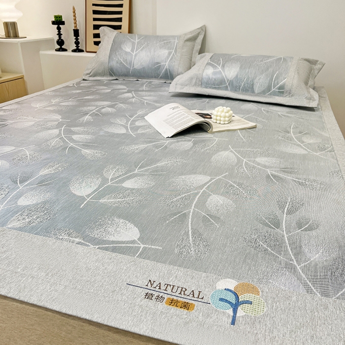 91家纺网 家纺一手货源 找家纺 2023澳梵植物抗菌冰丝凉席三件套软席 树影-灰