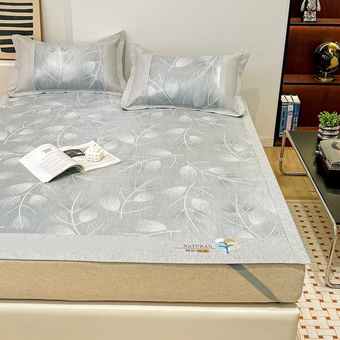 91家纺网 家纺一手货源 找家纺 2023澳梵植物抗菌冰丝凉席三件套软席 树影-灰