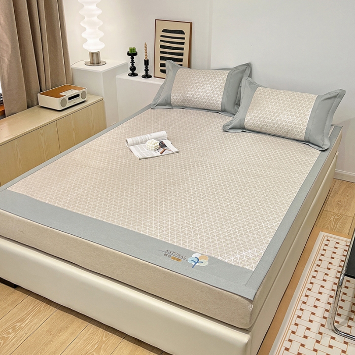 91家纺网 家纺一手货源 找家纺 2023澳梵植物抗菌冰丝凉席三件套软席 米格-卡其