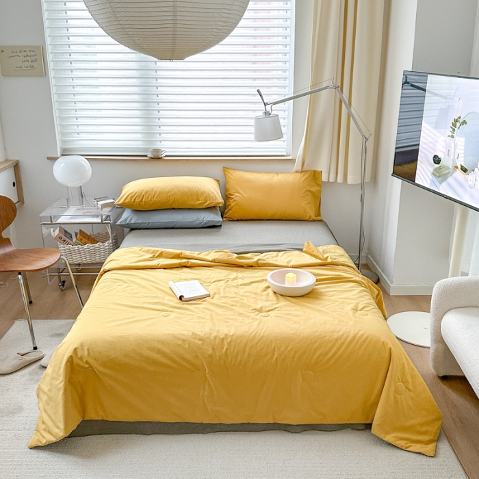 91家纺网 家纺一手货源 找家纺 玖弘 2023新款大豆夏被 姜黄+军绿双拼